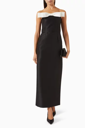 Off-shoulder Contrast Bow Midi Dress in Satin