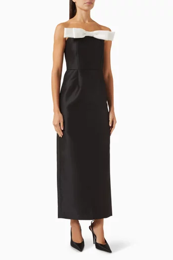 Off-shoulder Contrast Bow Midi Dress in Satin