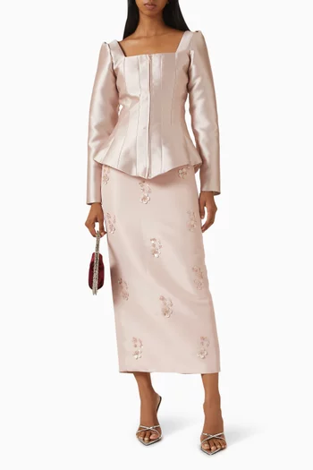 Beaded Coat Top & Skirt Set in Satin