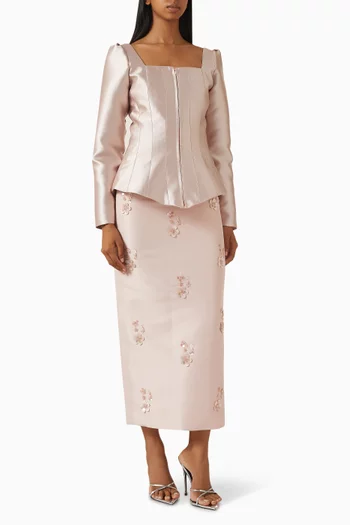 Beaded Coat Top & Skirt Set in Satin