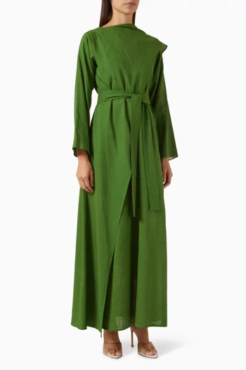 فستان طويل بحزام قطن وكتان