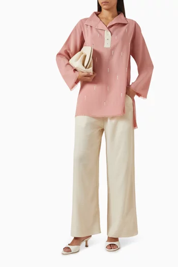 طقم بلوزة بنقشة وبنطال مزيج قطن