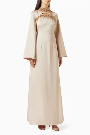 A sophisticated fitted dress featuring ahigh-neck collar and a graceful eye-shaped slit at the neckline, exquisitelyembellished with metallic goldleatherette, shimmering beads, andsparkling crystals for a striking, refinedlook:BEIGE:M|218756625