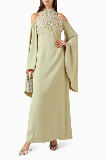 "A fitted high-neck halter dress adornedwith cascading floral crystalembellishments across the bodice,beautifully accentuated by flowing,ethereal sleeves for a touch of eleganceand movement":Green    :M|218756686