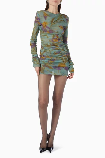 Floral-print Ruched Mini Dress in Tulle Jersey