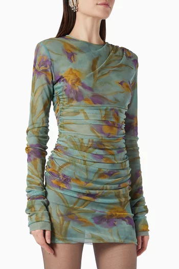 Floral-print Ruched Mini Dress in Tulle Jersey