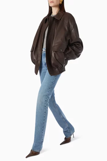 جاكيت بومبر بقصة فضفاضة جلد ماعز بارز الملمس