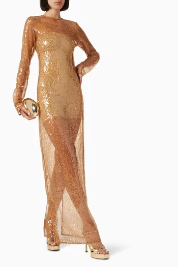 فستان ثوم مطرز بالترتر قماش شبكي