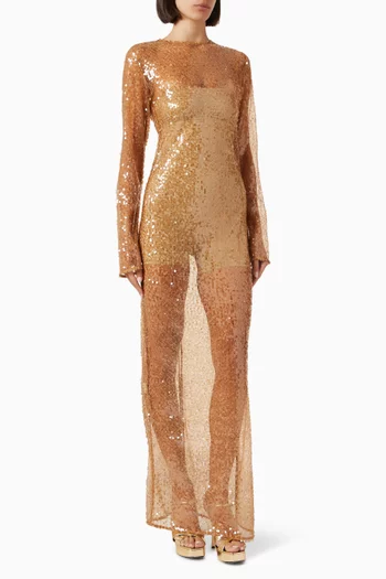 فستان ثوم مطرز بالترتر قماش شبكي