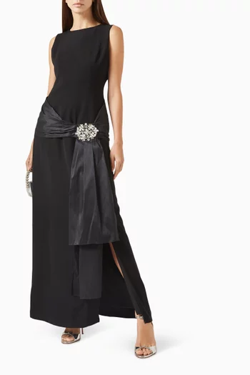 Sleeveless column cut with a high bateau neckline with a gathered satin waistband and hand embroidered crystal brooch.:BLK:L|218780188