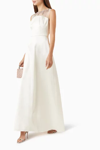 A-line Cut gown with a sheer illusion neckline with hand embellishment around the neckline.:Off White:M|218780615
