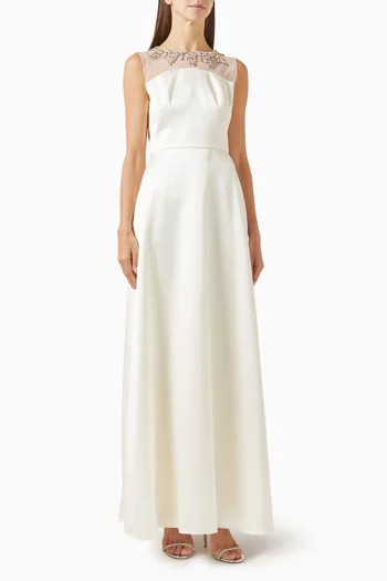 A-line Cut gown with a sheer illusion neckline with hand embellishment around the neckline.:Off White:M|218780615