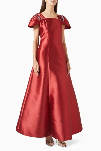 Structured A-line gown featuring a square neckline and angular cap sleeves with hand-embellished crystal detailing.:Red    :M|218780201