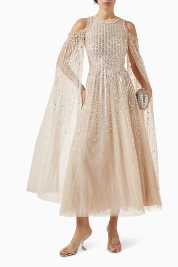 Moonlight Embellished Cape Gown in Tulle