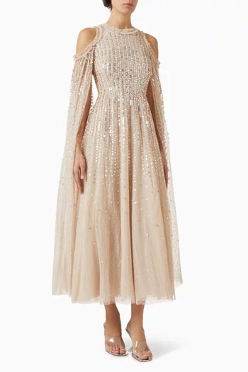 Moonlight Embellished Cape Gown in Tulle