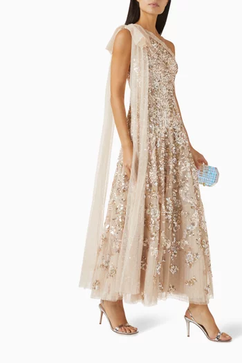 فستان سهرة بكتف مكشوف ونقشة زهور باروكية تول