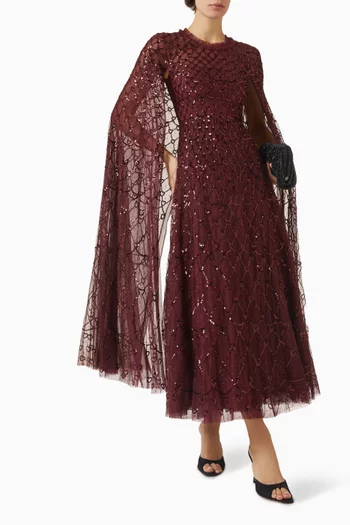 فستان سهرة بطول الكاحل مزين بنقشة قلوب بتصميم شبكي