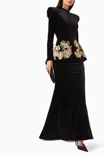 Embellished Peplum Gown in Stretch-velvet