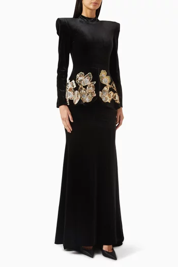 Embellished Peplum Gown in Stretch-velvet