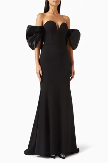 Off-shoulder Puff Gown in Scuba-crepe