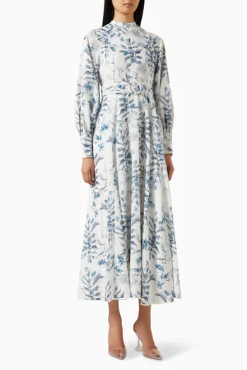 فستان متوسط الطول بحزام ونقشة زهور