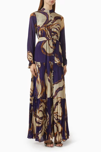 فستان طويل بحزام ونقشة زهور شيفون