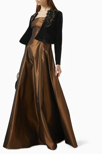 Embellished Cardigan Strapless Gown in Taffeta