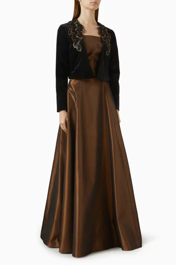 Embellished Cardigan Strapless Gown in Taffeta