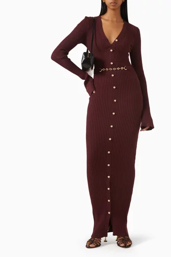 فستان آسيا طويل بحزام سلسلة نسيج