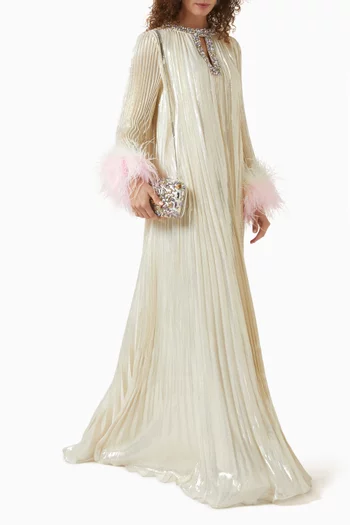 فستان طويل مطرز بريش بألوان متدرجة مزيج حرير لامع