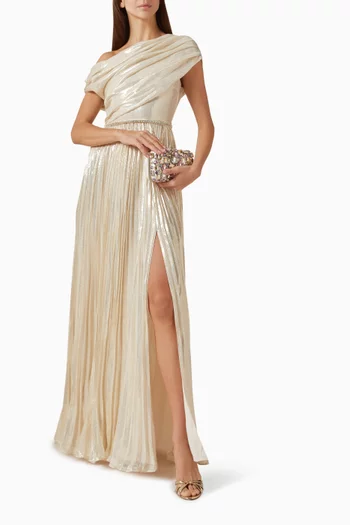 Asymmetrical Metallic Maxi Dress in Chiffon