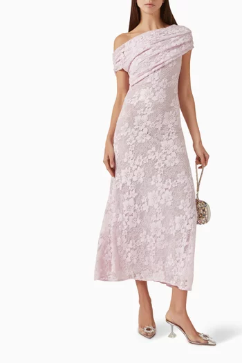 فستان متوسط الطول مطرز بأحجار الراين دانتيل