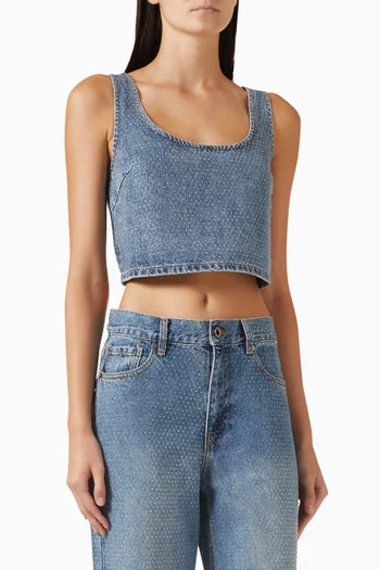 بلوزة قصيرة مطرزة بأحجار الراين قماش دينم