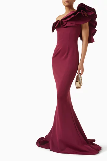 One-shoulder Ruffle Gown in Scuba Fabric