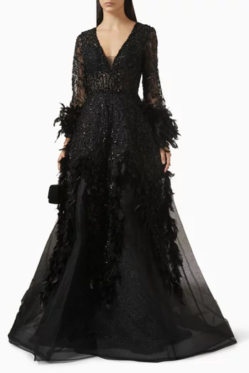 Embellished Feather-trim Gown