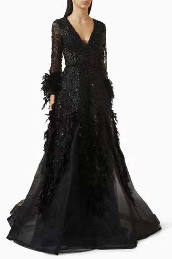 Embellished Feather-trim Gown