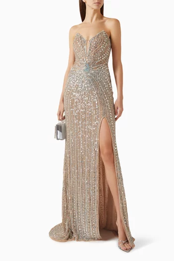 Embroidered Slit Gown