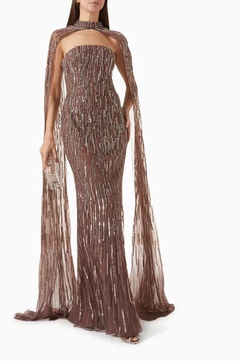 Sequin-embellished Cape Gown