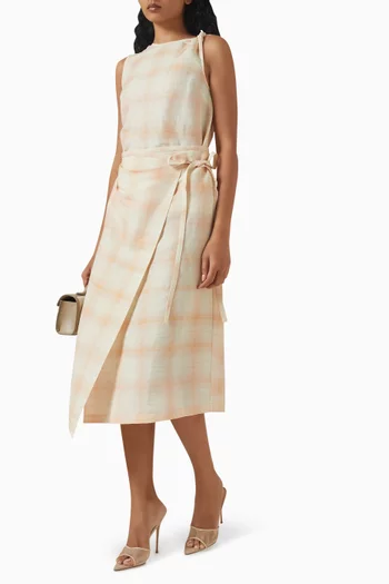 Check Twist-sleeve Top in Linen-blend