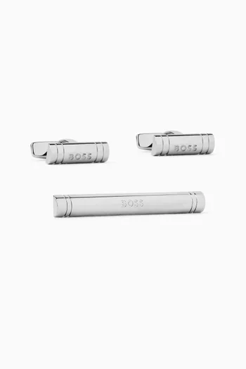 Cufflinks & Tie Bar Set in Polished Brass