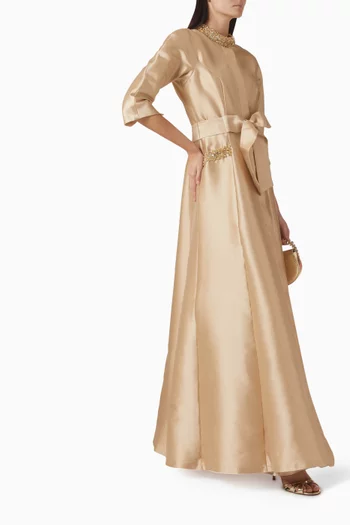 Beaded Collar Shirt Maxi Dress in Satin