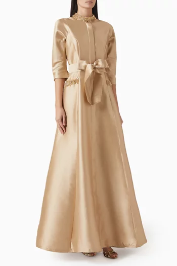 Beaded Collar Shirt Maxi Dress in Satin