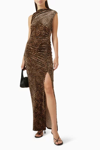 Leopard-print High-neck Maxi Dress in Velvet
