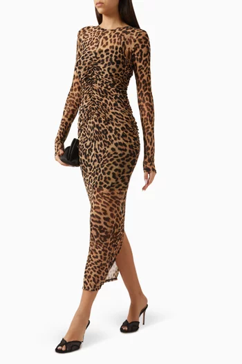 Leopard-print Ruched Maxi Dress in Mesh
