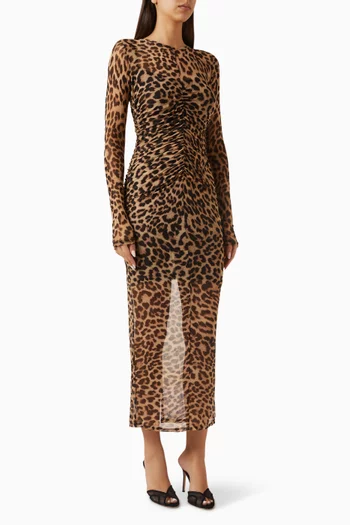 Leopard-print Ruched Maxi Dress in Mesh