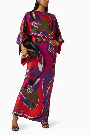 Orchidee-print Cape Maxi Dress in Silk-twill