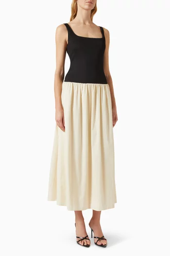 فستان مالوري متوسط الطول بصدرية بلون مغاير قطن بوبلين