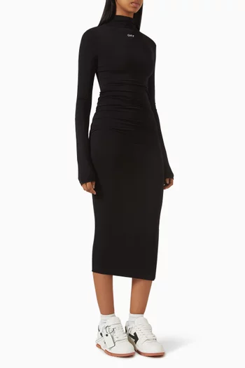 فستان متوسط الطول بكشكش وشعار الماركة