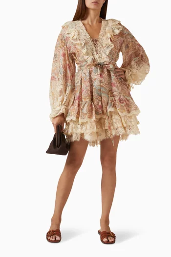 فستان ربيلين قصير بأربطة حرير وكتان