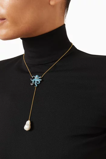 قلادة بولبينو طويلة بتصميم حرف Y مزينة باللؤلؤ برونز مطلي ذهب عيار 24